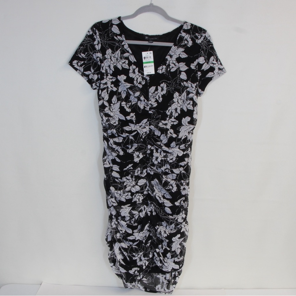 INC International Concepts Black & White Runched Floral Midi Dress NWT